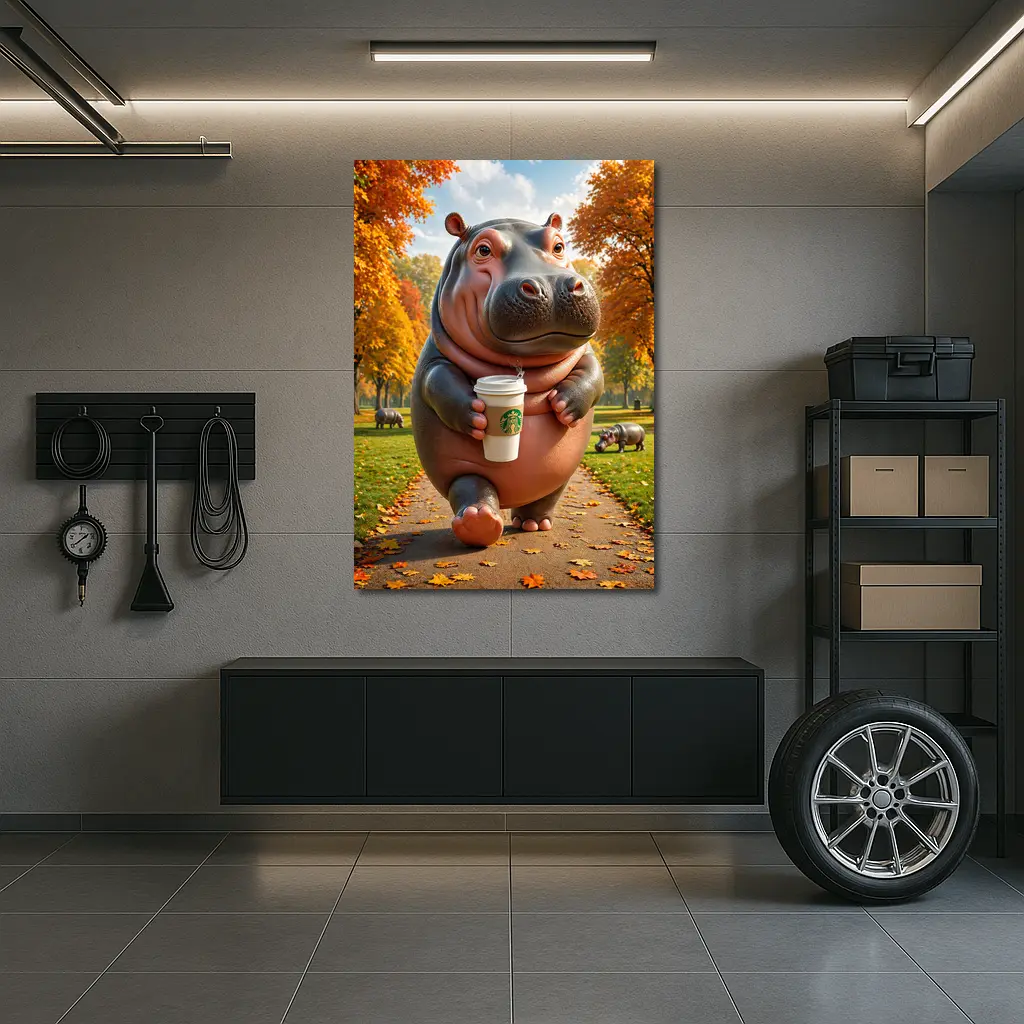 Hippo Walking With Coffee Autumn Park – Wall Art