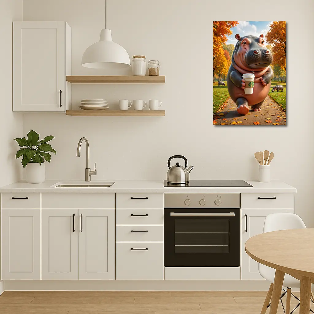 Hippo Walking With Coffee Autumn Park – Wall Art
