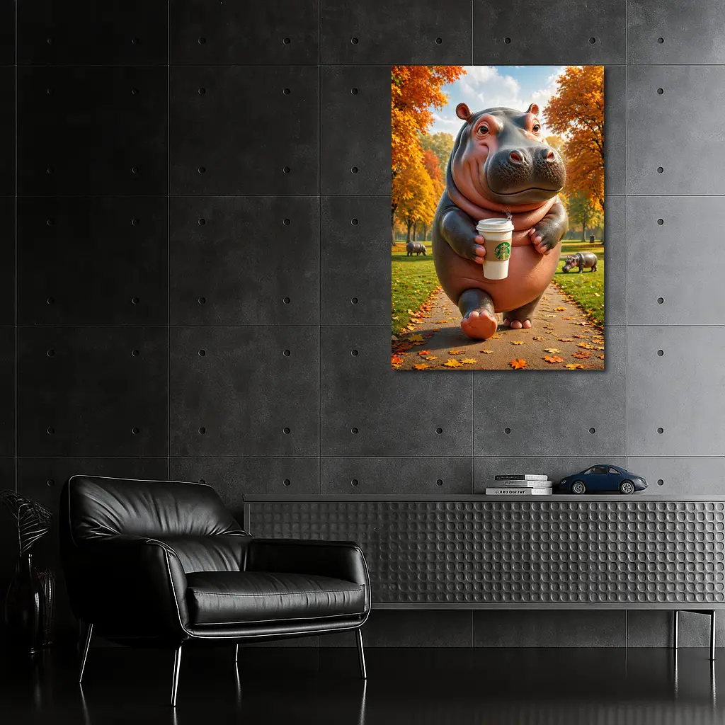 Hippo Walking With Coffee Autumn Park – Wall Art