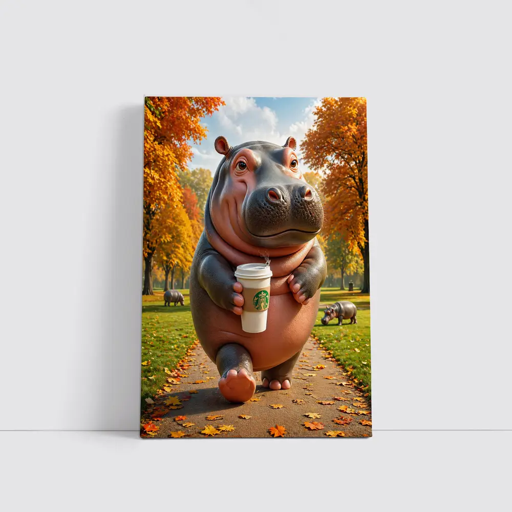 Hippo Walking With Coffee Autumn Park – Wall Art