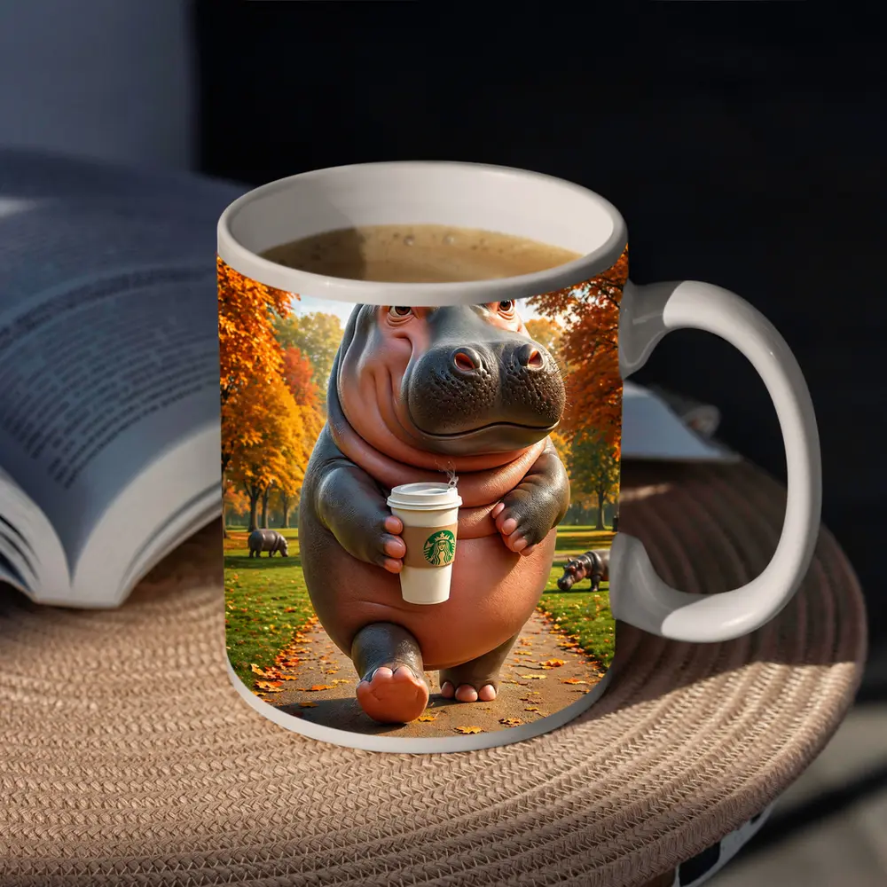 Hippo Walking With Coffee Autumn Park – Mugs