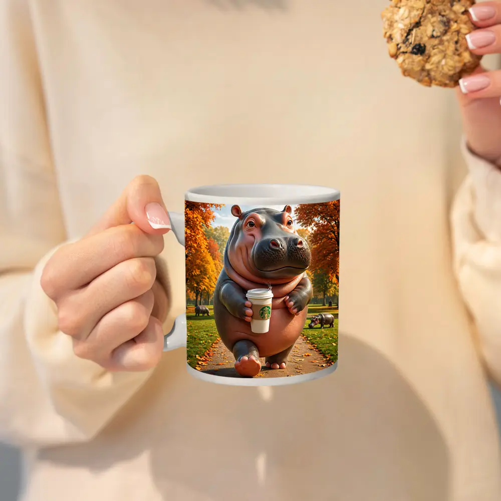 Hippo Walking With Coffee Autumn Park – Mugs