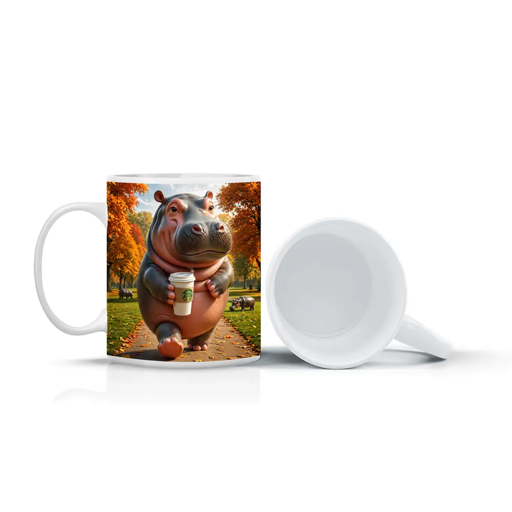 Hippo Walking With Coffee Autumn Park – Mugs