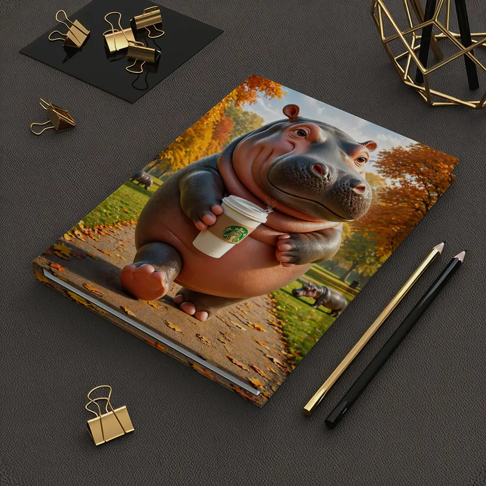 Hippo Walking With Coffee Autumn Park – Notebooks