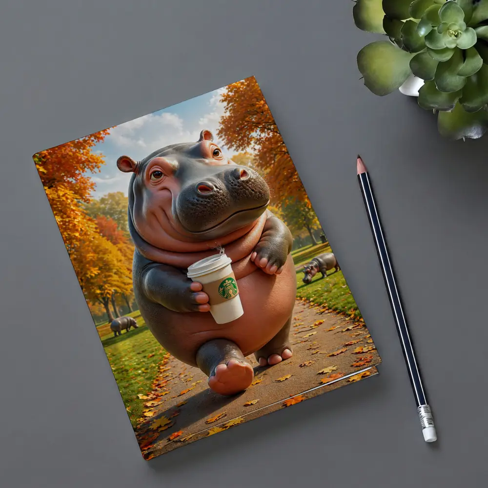 Hippo Walking With Coffee Autumn Park – Notebooks