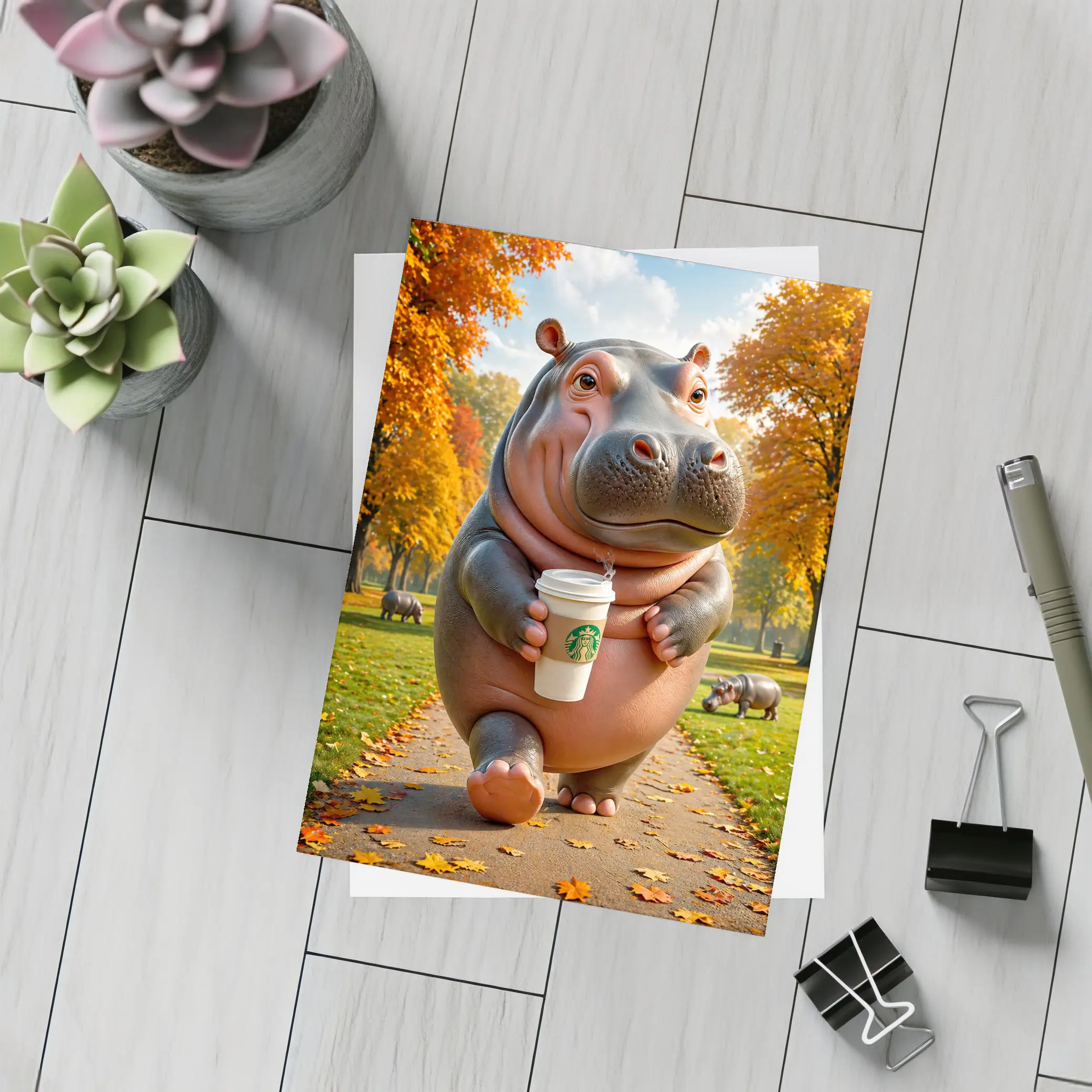 Hippo Walking With Coffee Autumn Park – Postcards