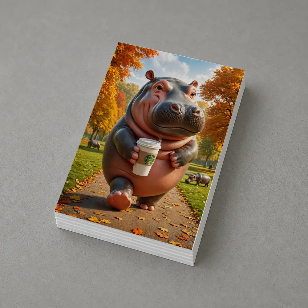 Hippo Walking With Coffee Autumn Park – Postcards