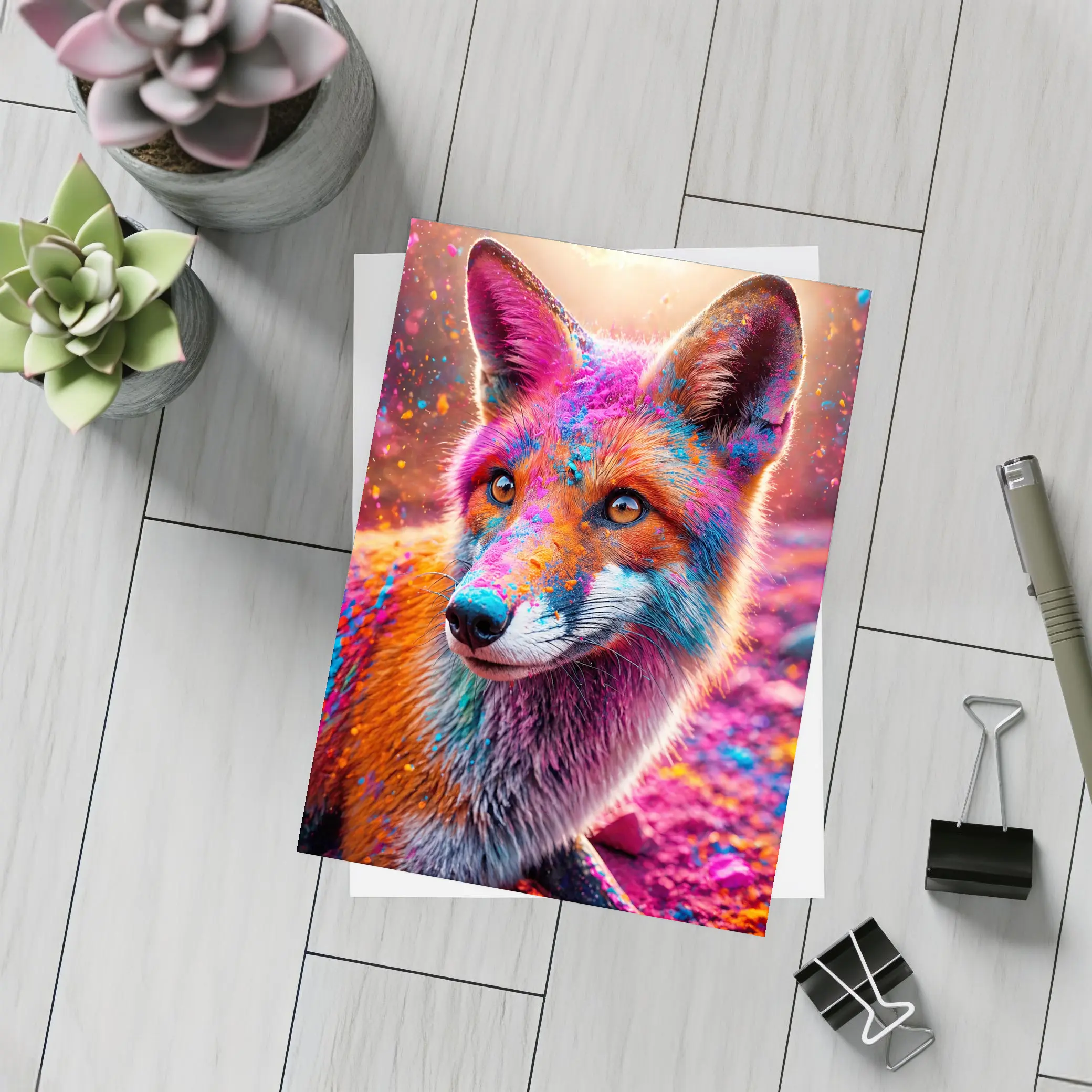 Colorful Fox Portrait Holi Powder Splash – Postcards