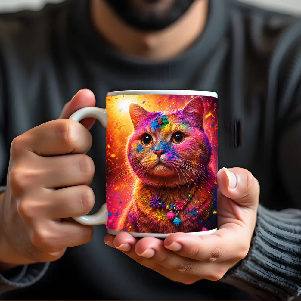 Colorful Cat Covered In Rainbow Holi Powder – Mugs