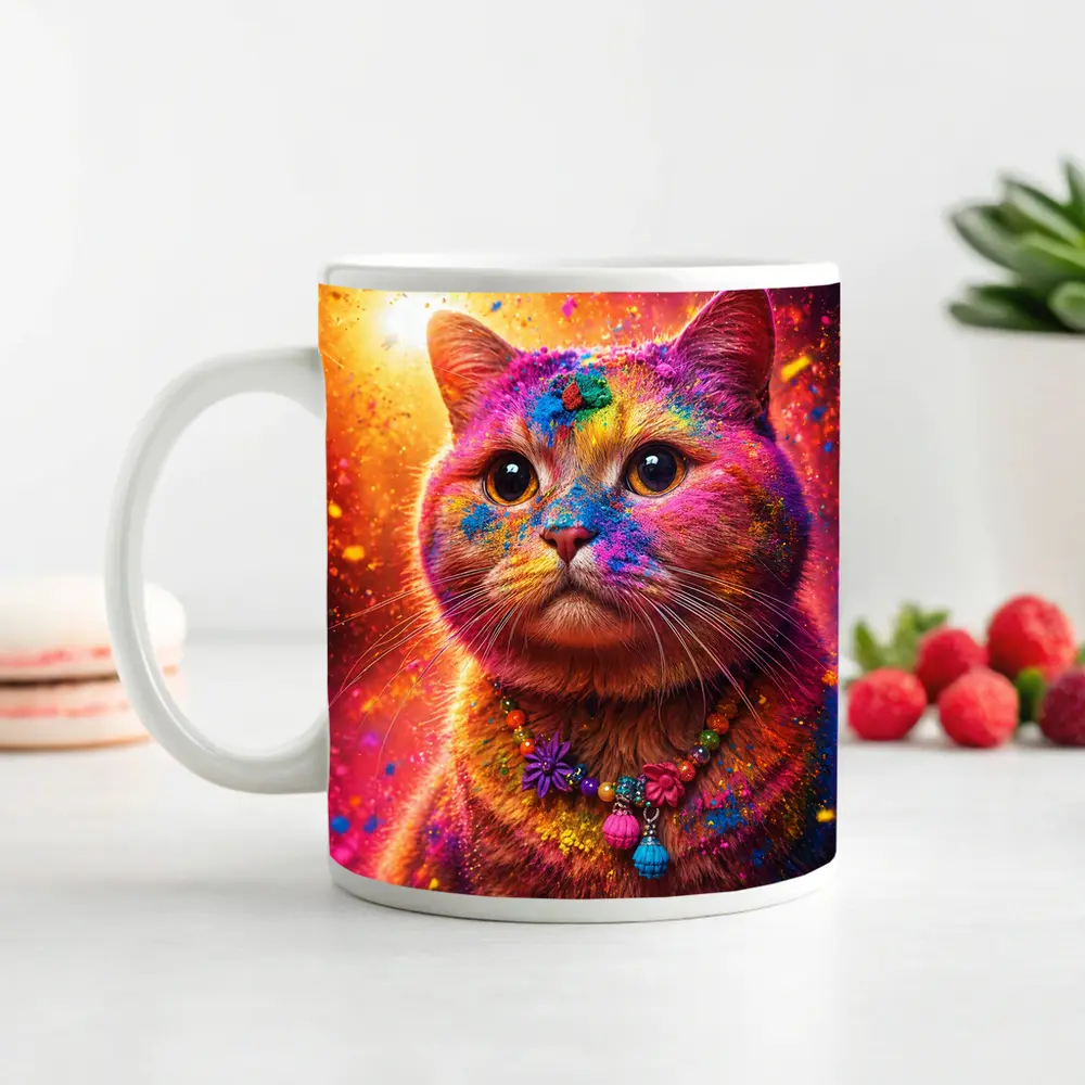 Colorful Cat Covered In Rainbow Holi Powder – Mugs