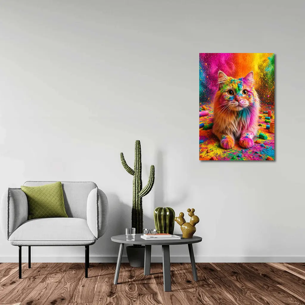 Fluffy Cat Covered In Colorful Holi Powder – Wall Art