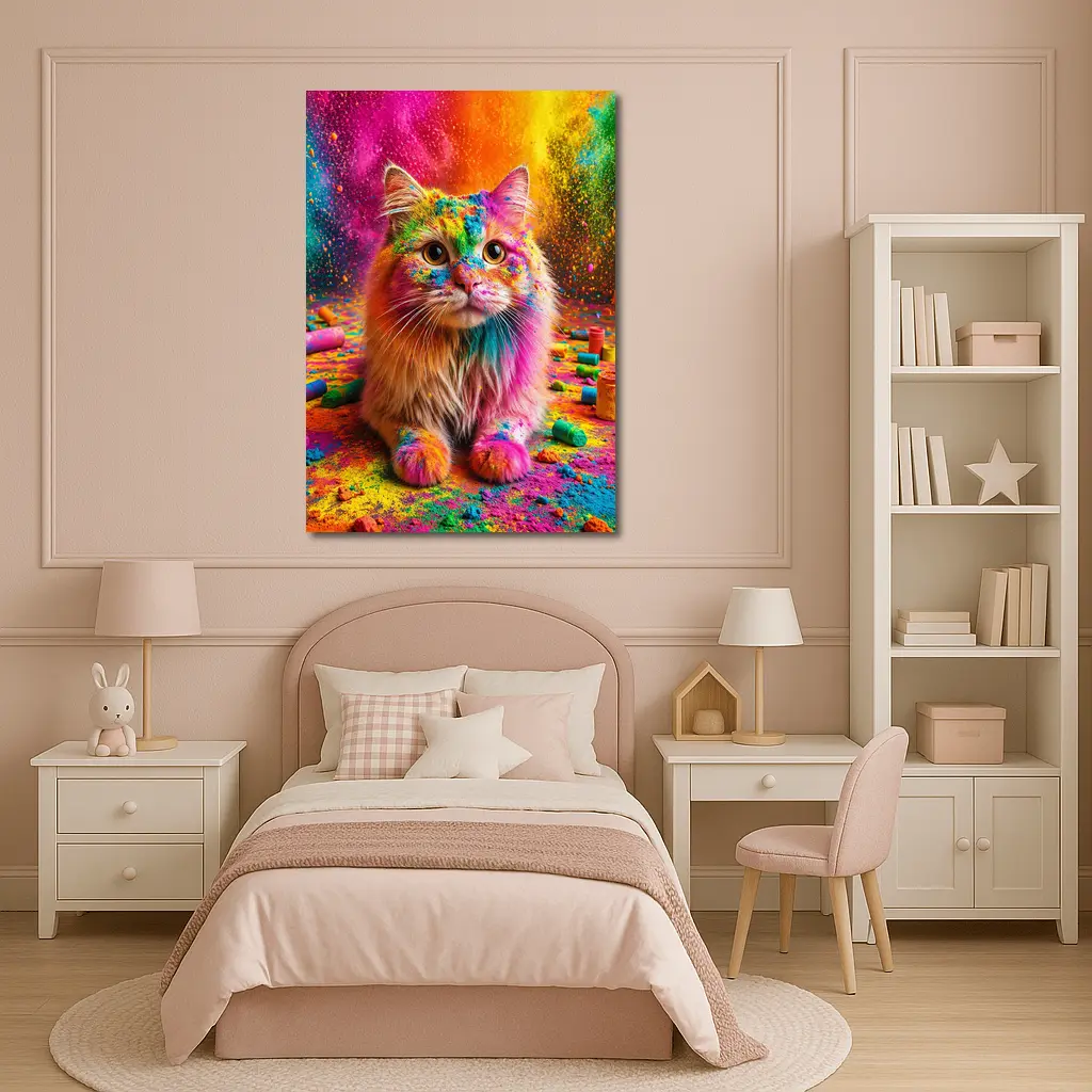 Fluffy Cat Covered In Colorful Holi Powder – Wall Art