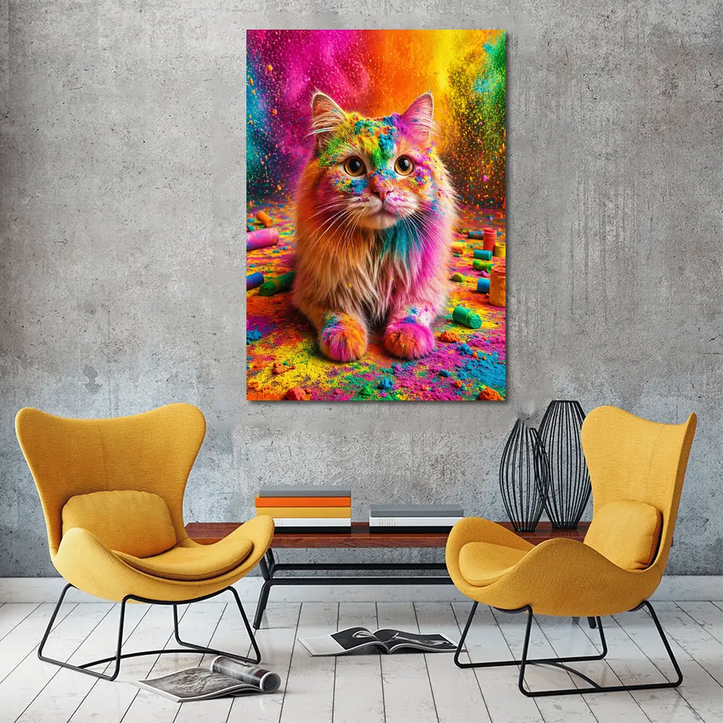 Fluffy Cat Covered In Colorful Holi Powder – Wall Art