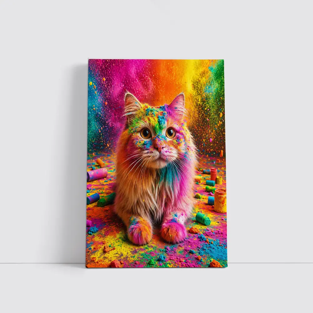 Fluffy Cat Covered In Colorful Holi Powder – Wall Art