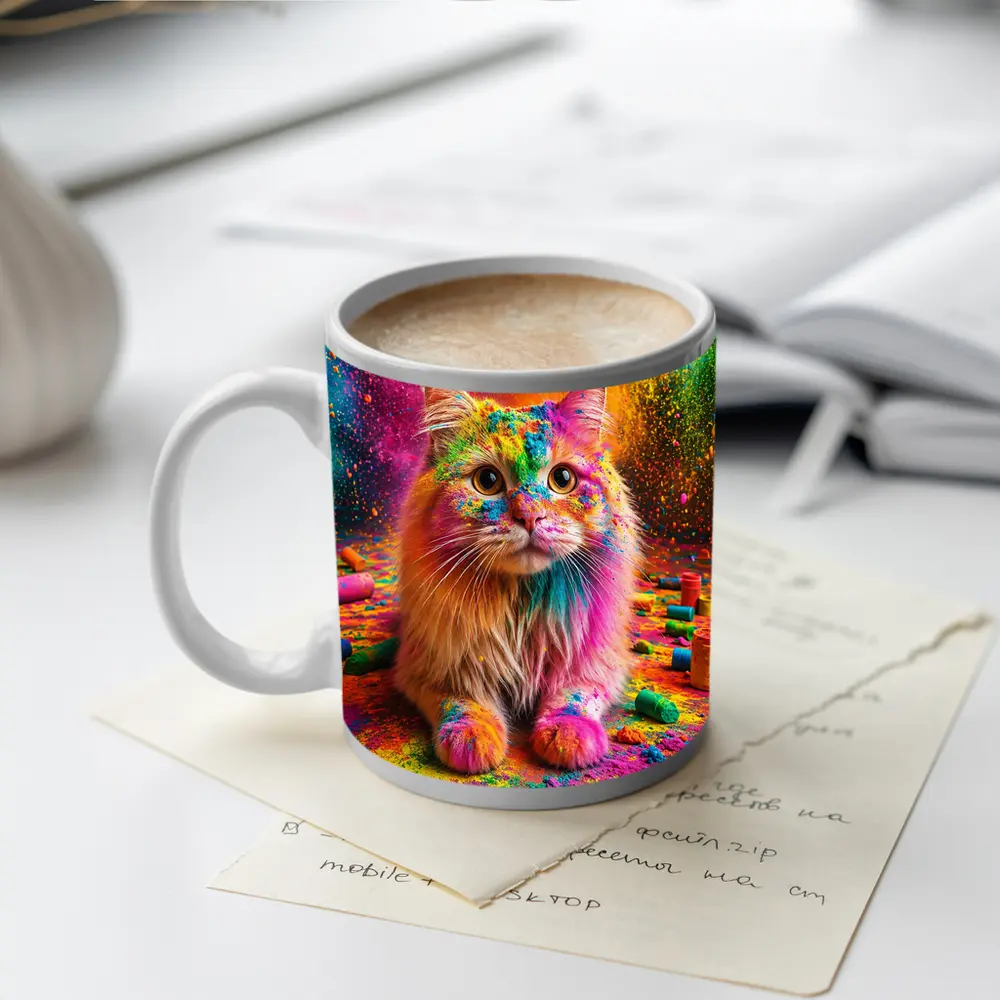 Fluffy Cat Covered In Colorful Holi Powder – Mugs