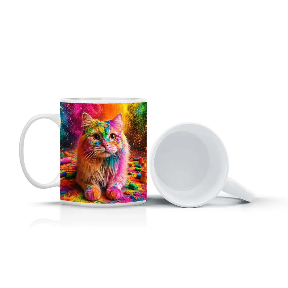 Fluffy Cat Covered In Colorful Holi Powder – Mugs