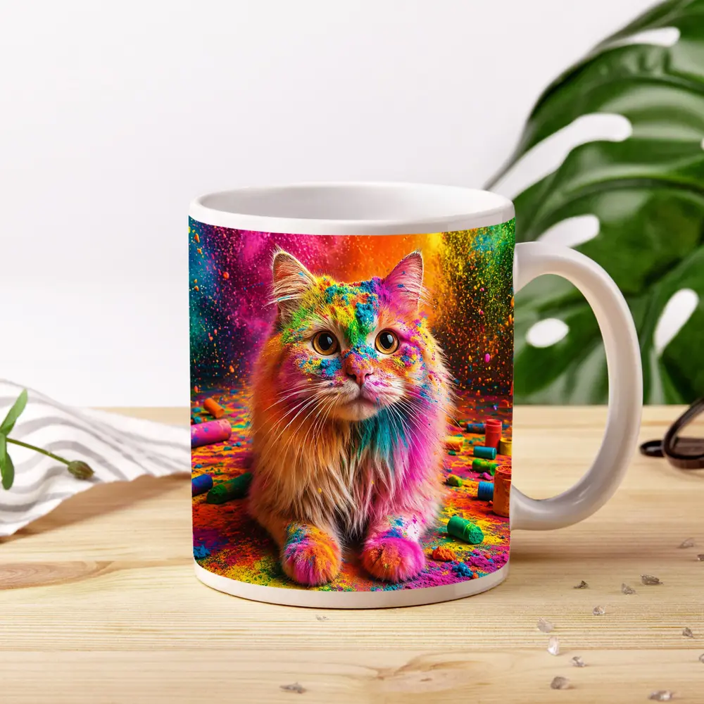 Fluffy Cat Covered In Colorful Holi Powder – Mugs