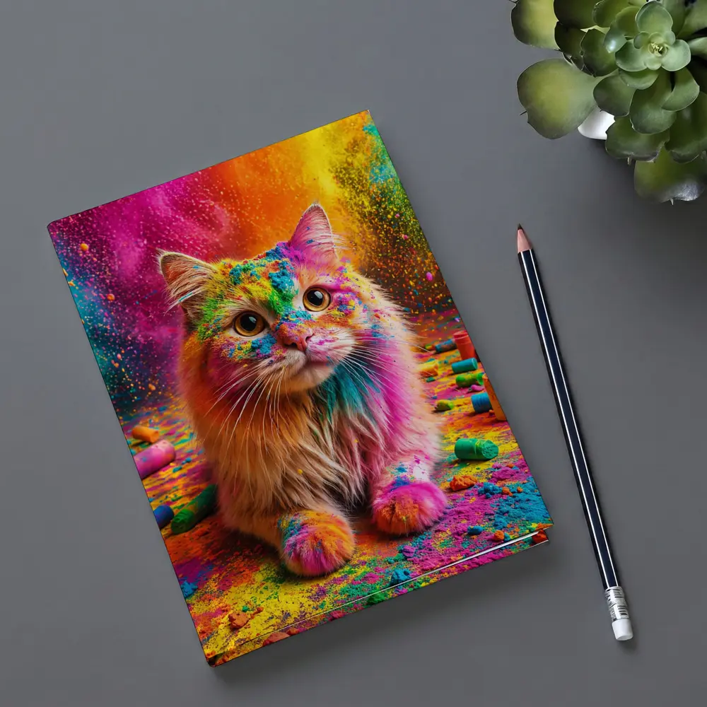 Fluffy Cat Covered In Colorful Holi Powder – Notebooks
