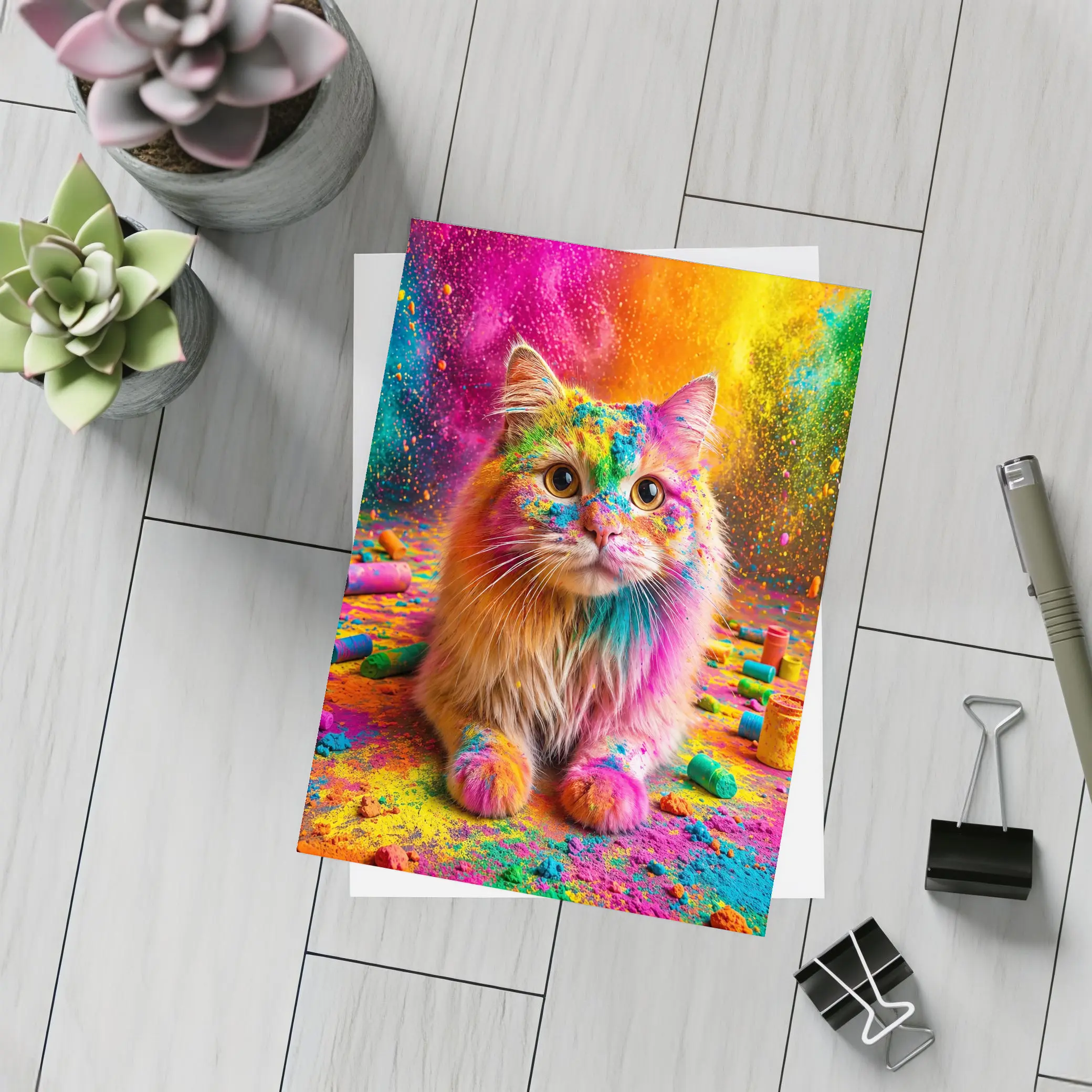 Fluffy Cat Covered In Colorful Holi Powder – Postcards