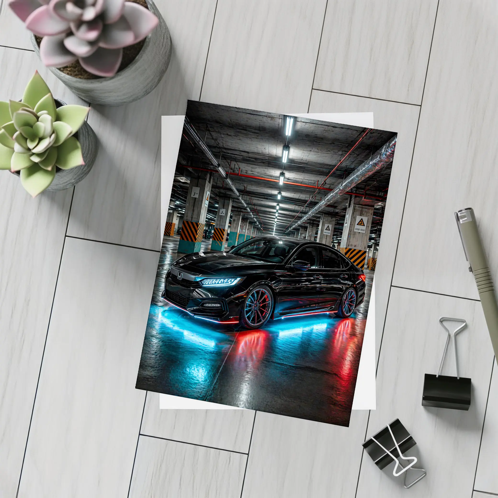 Honda Civic Neon Lights Underground Parking – Postcards