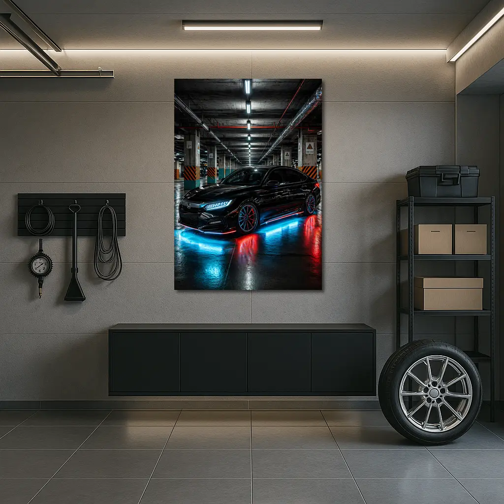 Honda Civic Neon Lights Underground Parking – Wall Art