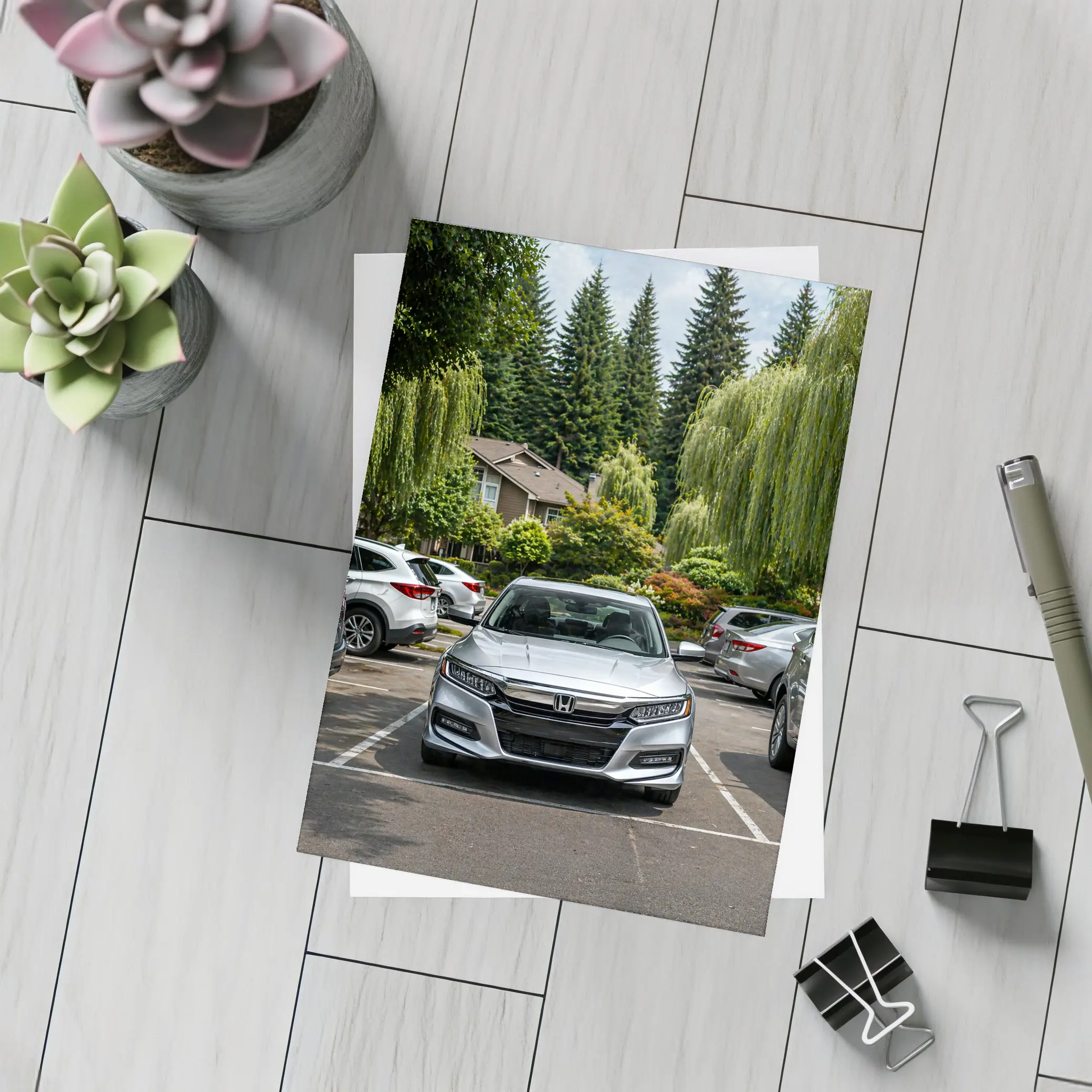 Honda Accord Silver Parked Green Trees – Postcards