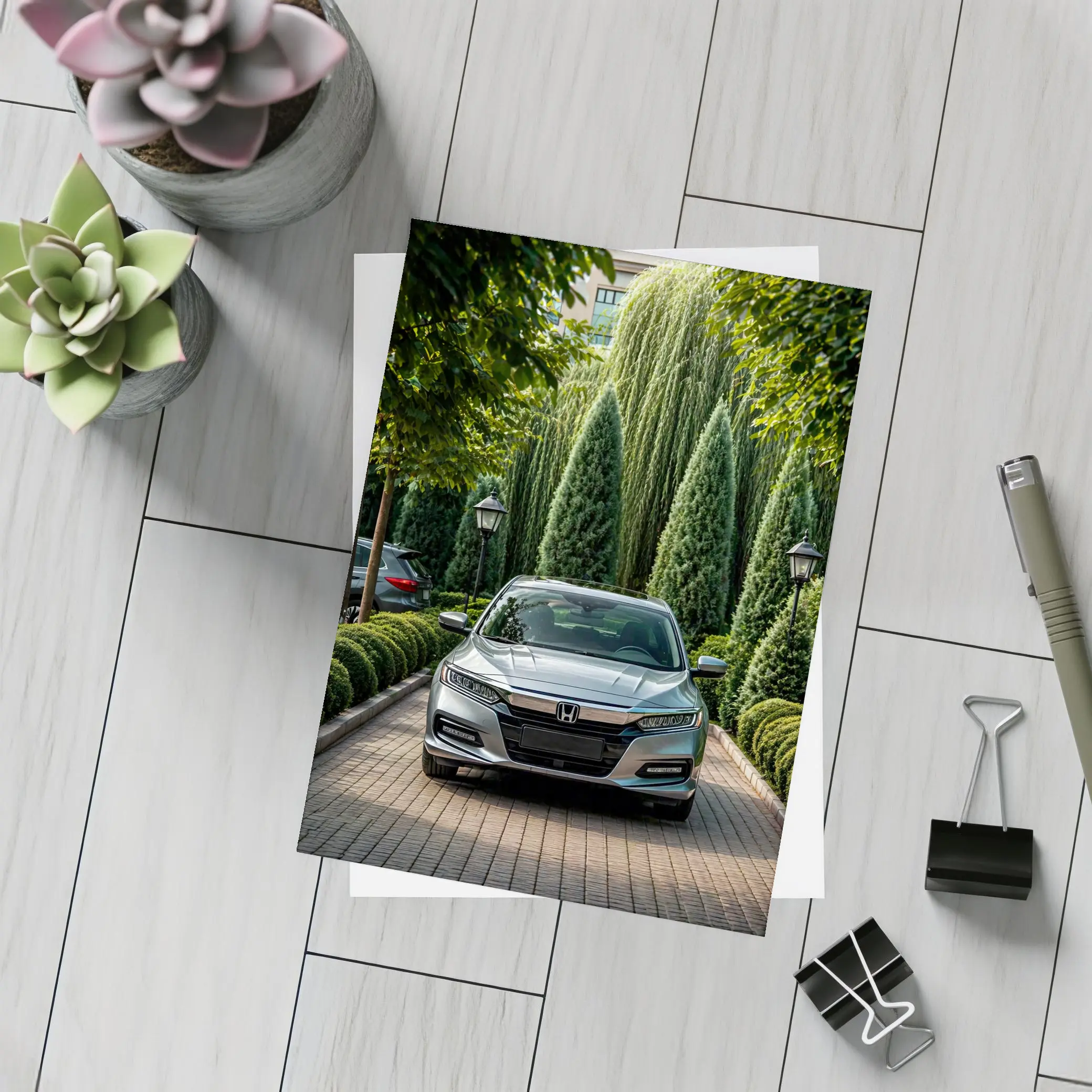 Honda Accord Parked Among Lush Green Trees – Postcards
