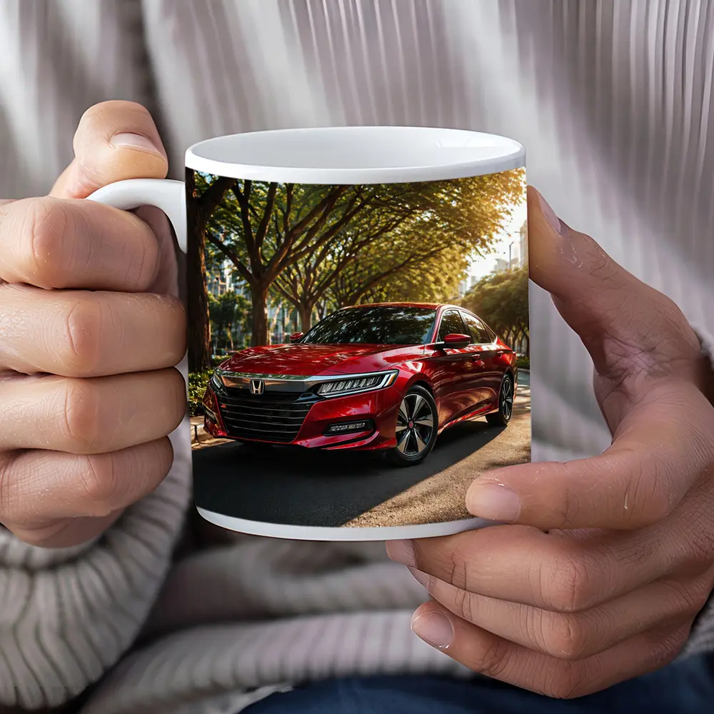 Honda Accord Red Sedan Tree Lined Street – Mugs