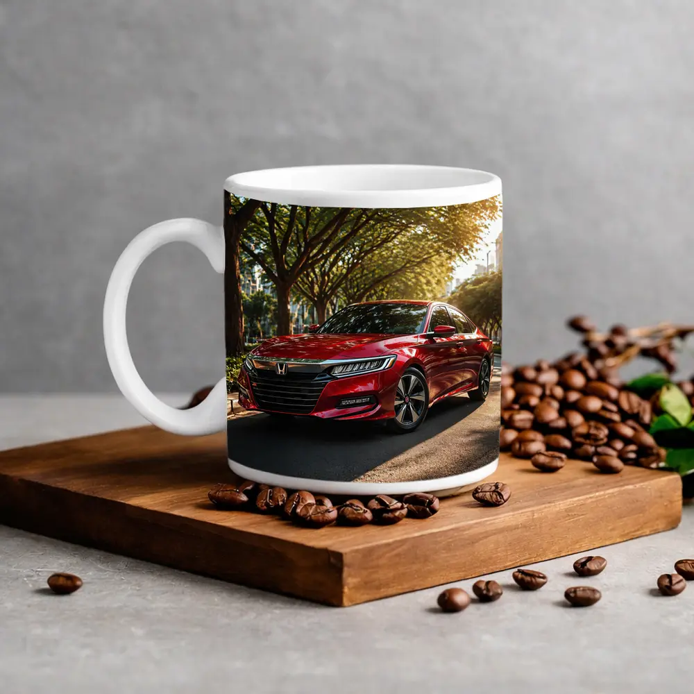 Honda Accord Red Sedan Tree Lined Street – Mugs