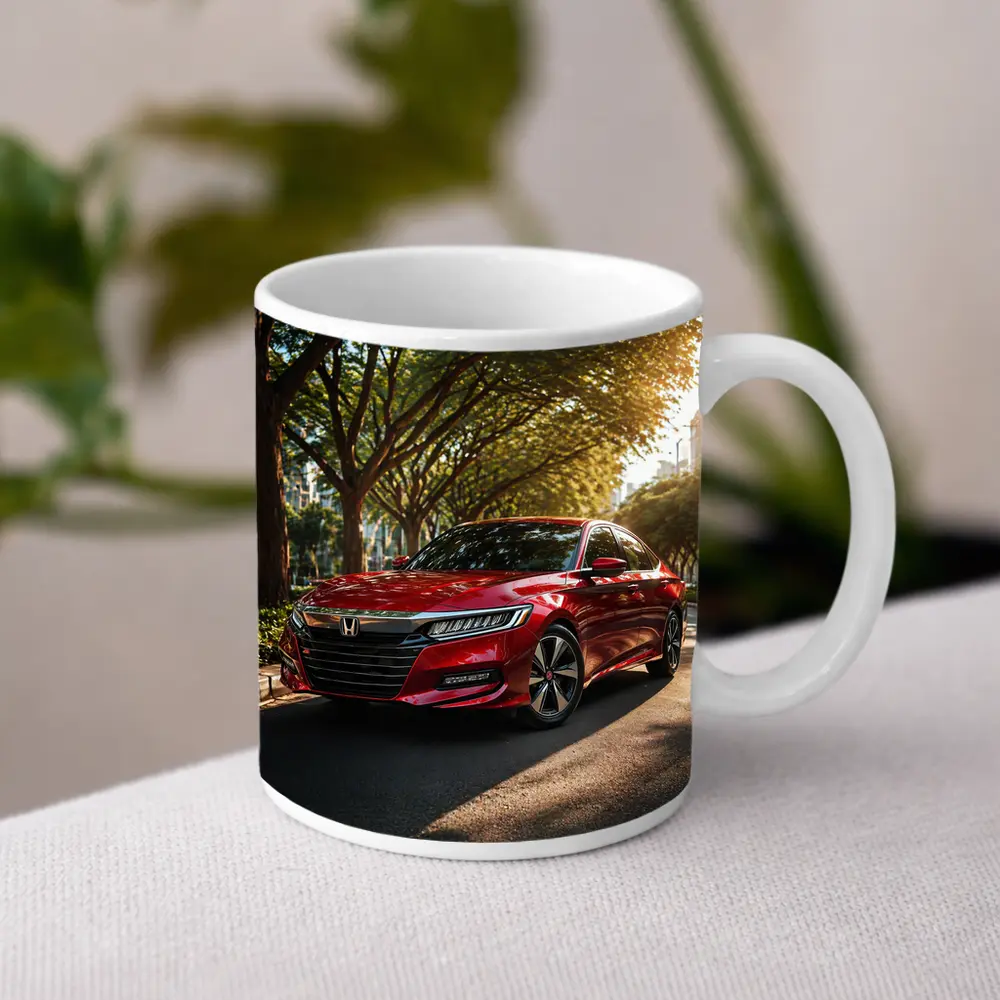 Honda Accord Red Sedan Tree Lined Street – Mugs