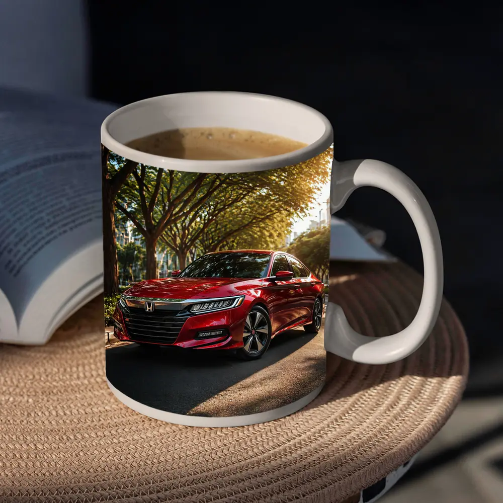 Honda Accord Red Sedan Tree Lined Street – Mugs