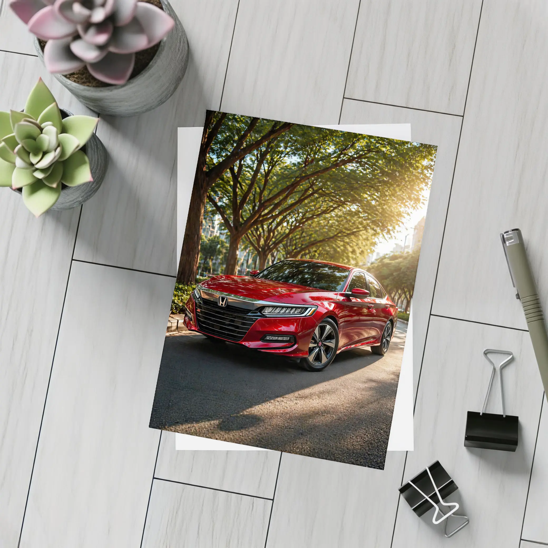 Honda Accord Red Sedan Tree Lined Street – Postcards