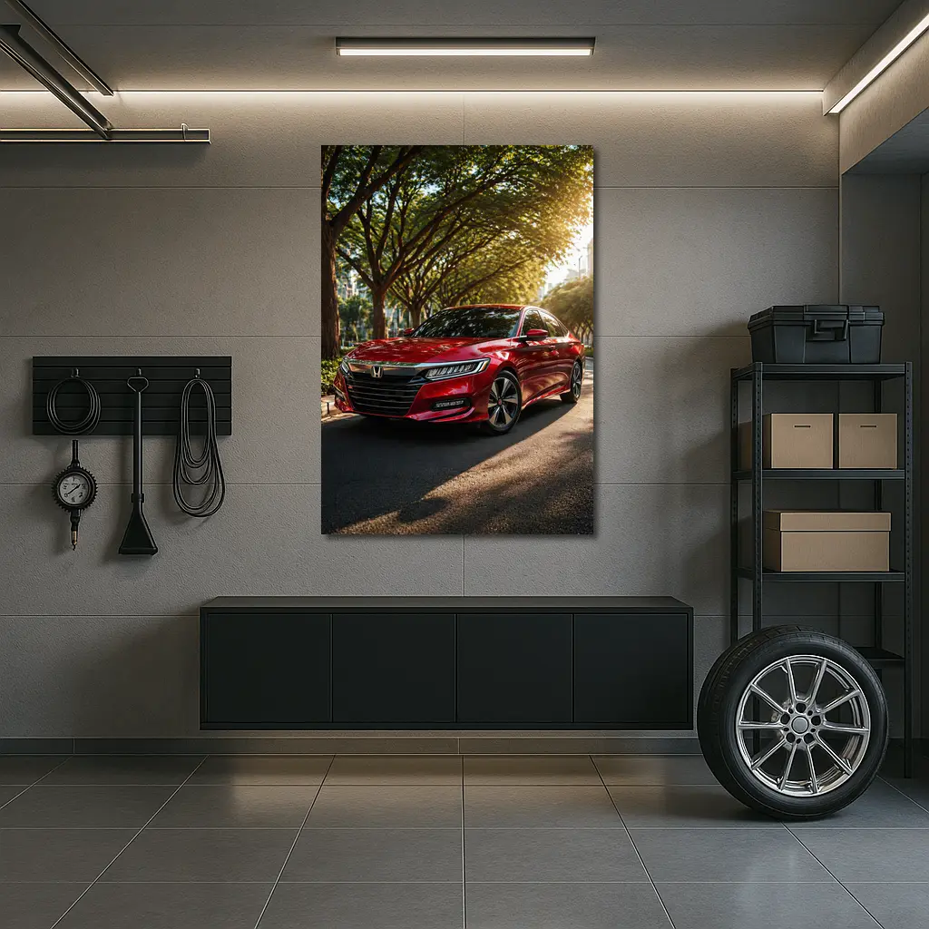 Honda Accord Red Sedan Tree Lined Street – Wall Art