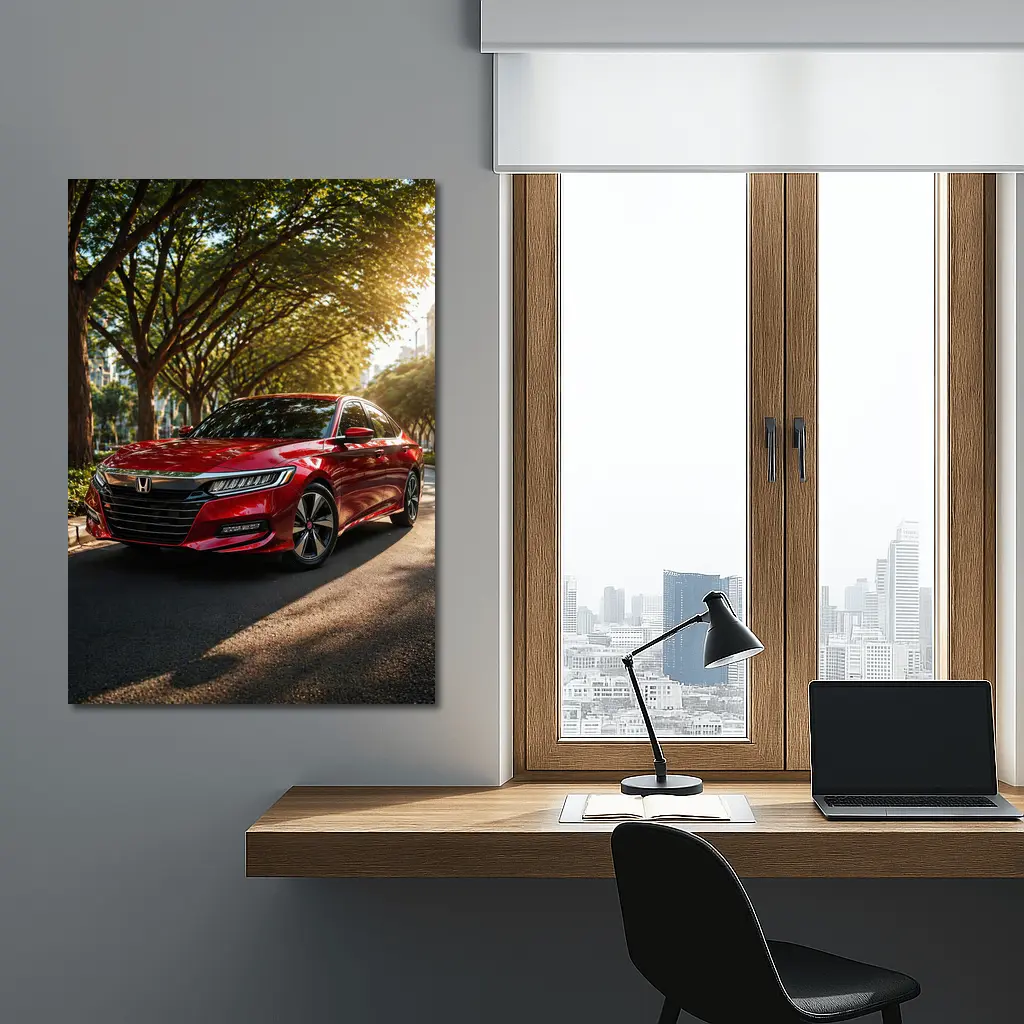 Honda Accord Red Sedan Tree Lined Street – Wall Art
