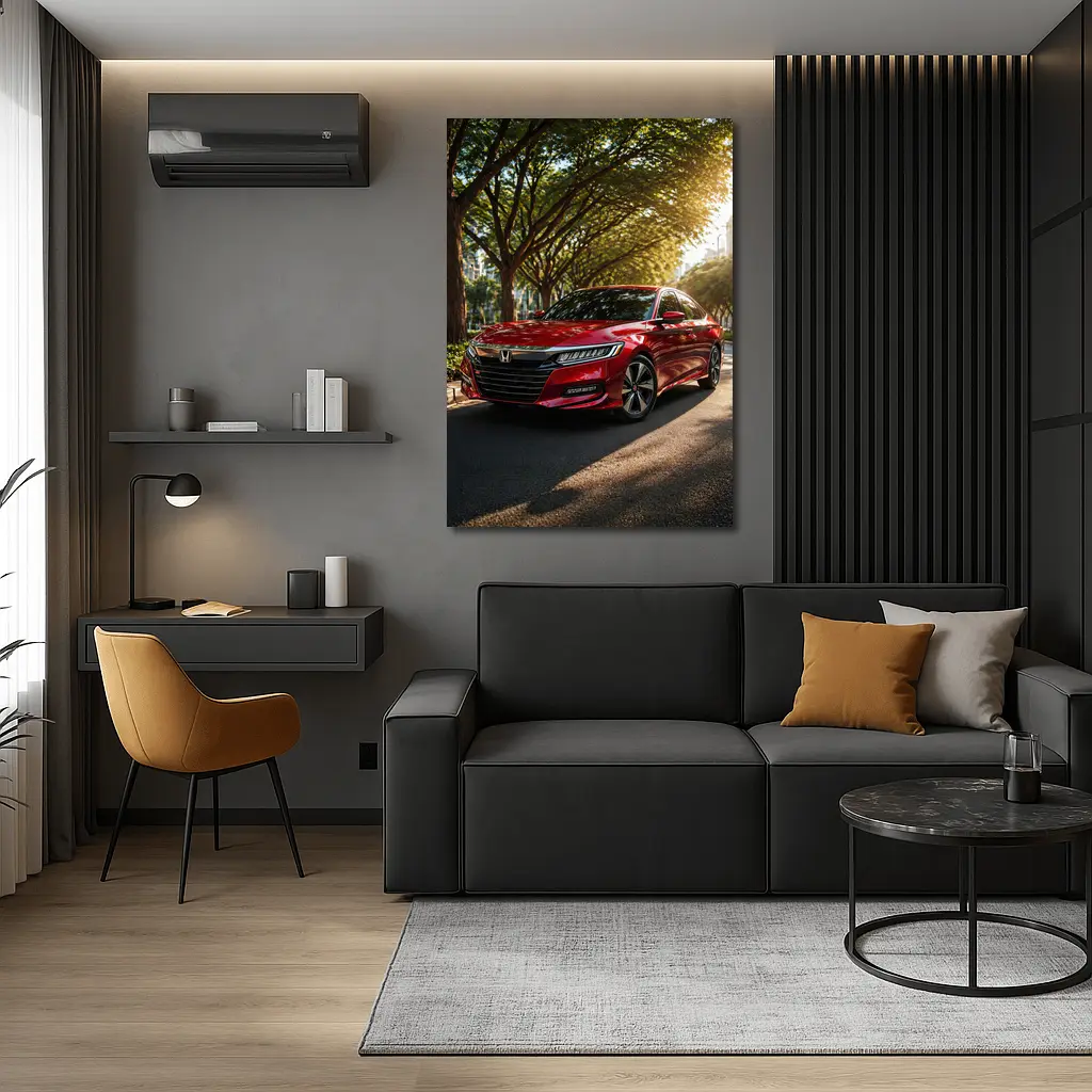 Honda Accord Red Sedan Tree Lined Street – Wall Art