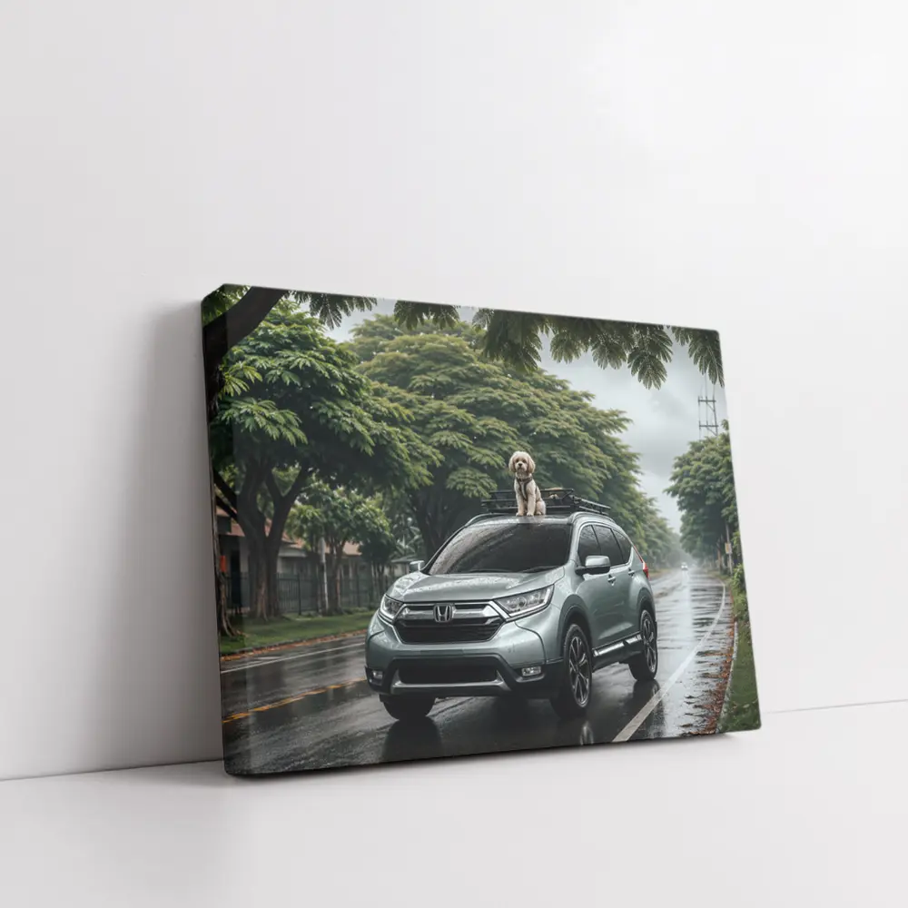 Honda CR-V SUV With Dog Rainy Street – Wall Art
