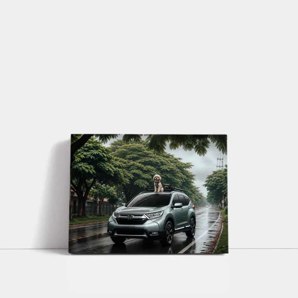 Honda CR-V SUV With Dog Rainy Street – Wall Art