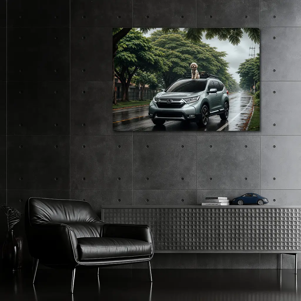 Honda CR-V SUV With Dog Rainy Street – Wall Art