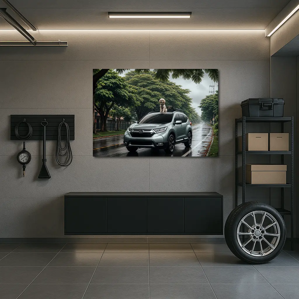 Honda CR-V SUV With Dog Rainy Street – Wall Art