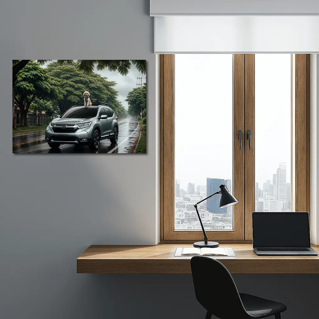 Honda CR-V SUV With Dog Rainy Street – Wall Art