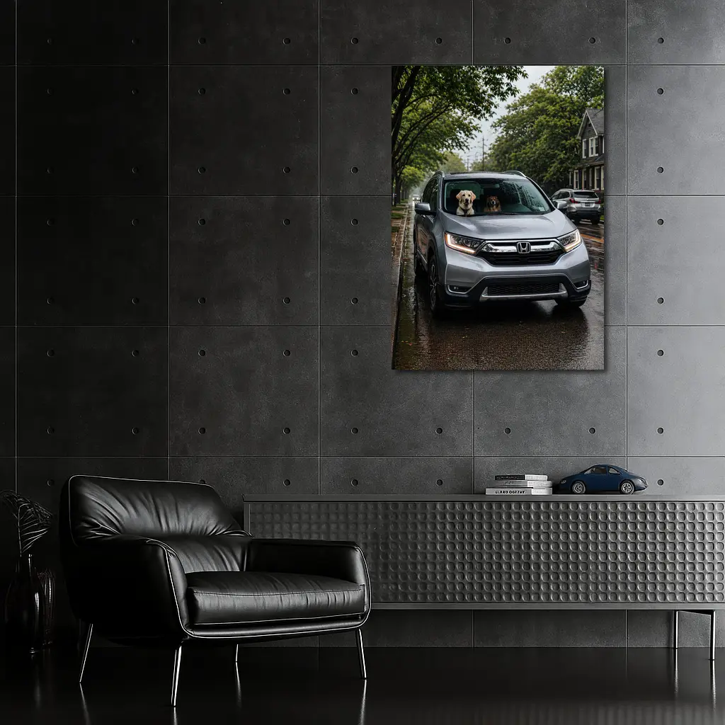 Honda CR-V Dogs Rainy Suburban Street – Wall Art