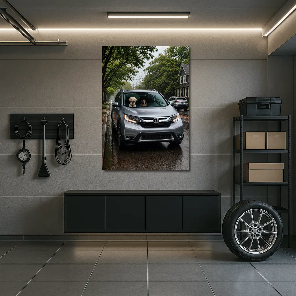 Honda CR-V Dogs Rainy Suburban Street – Wall Art