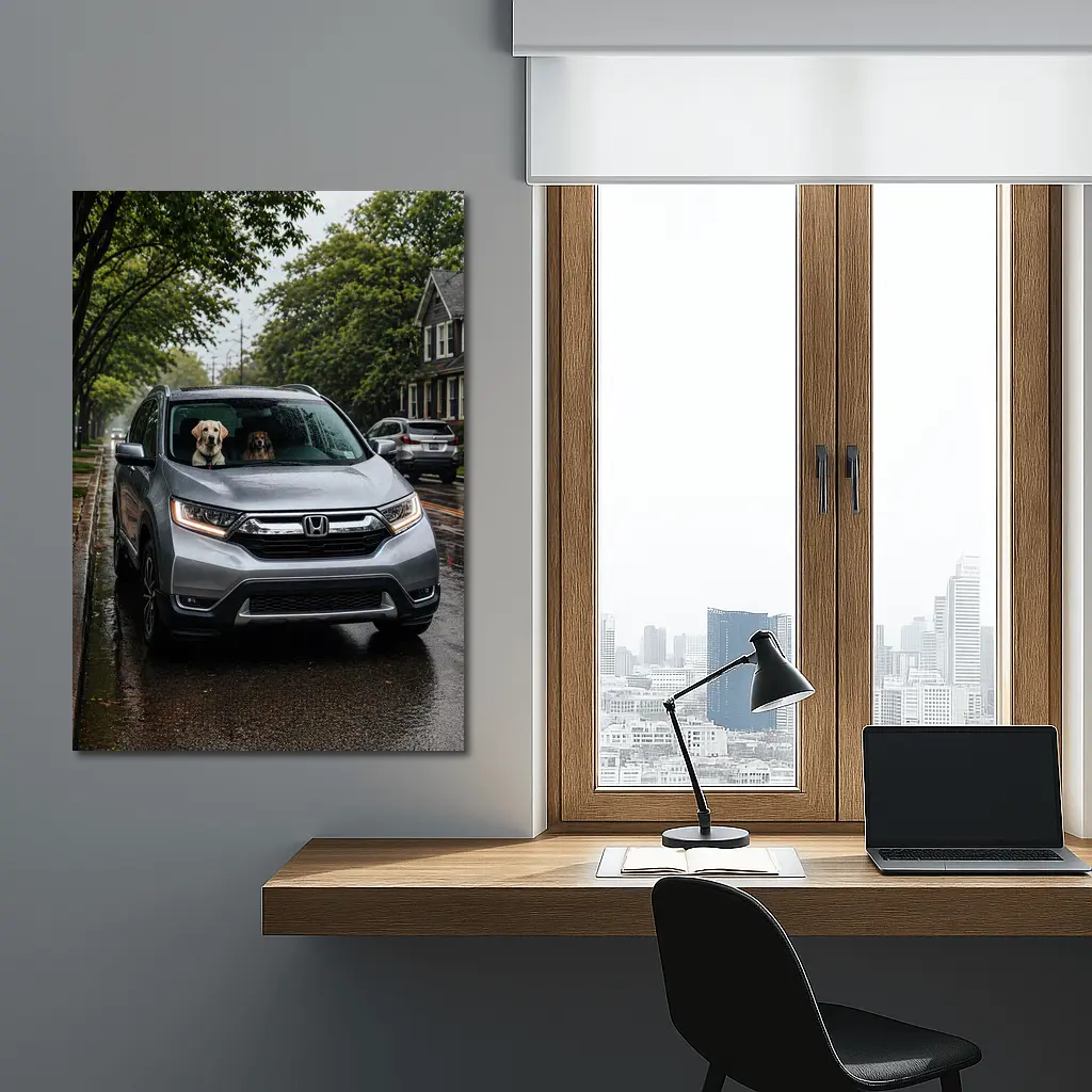 Honda CR-V Dogs Rainy Suburban Street – Wall Art