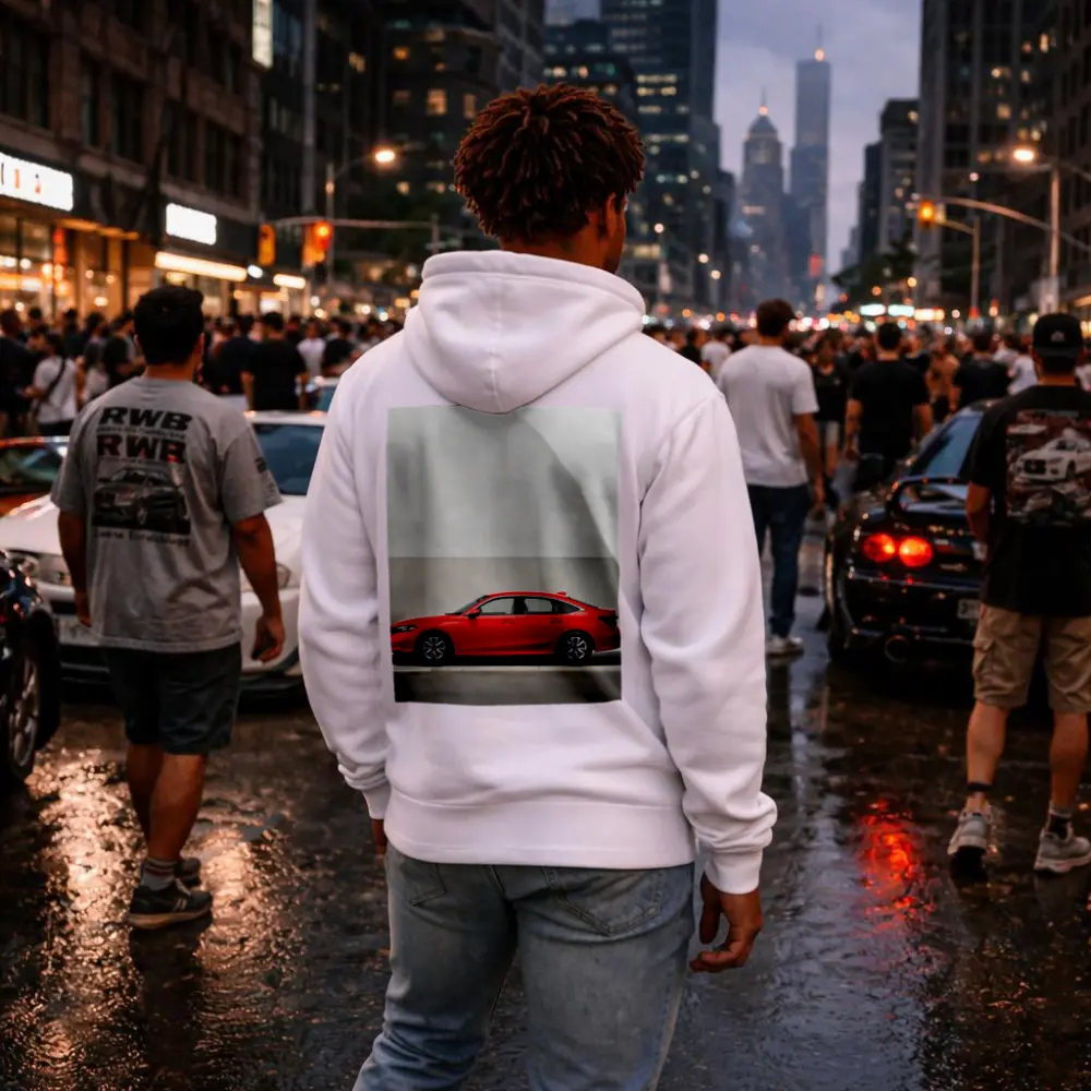 Red Honda Civic Parked Against Gray Wall – Hoodies