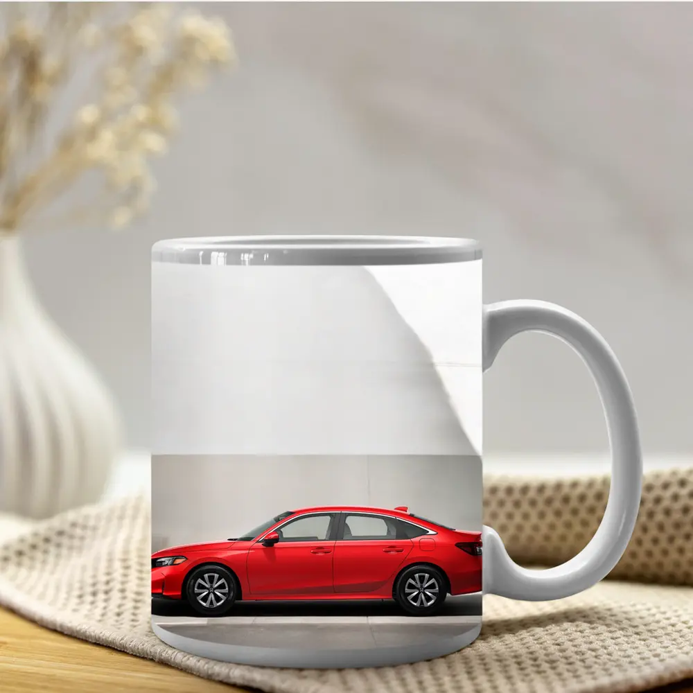 Red Honda Civic Parked Against Gray Wall – Mugs