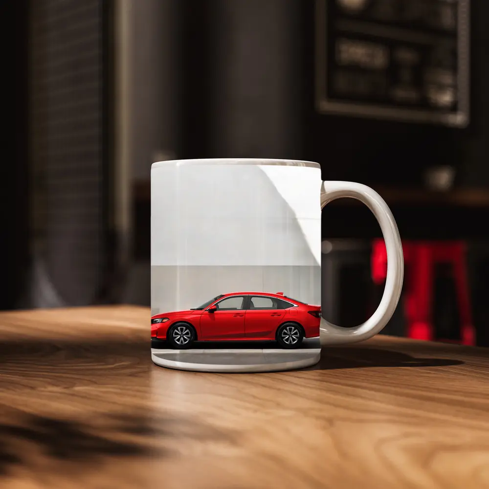 Red Honda Civic Parked Against Gray Wall – Mugs