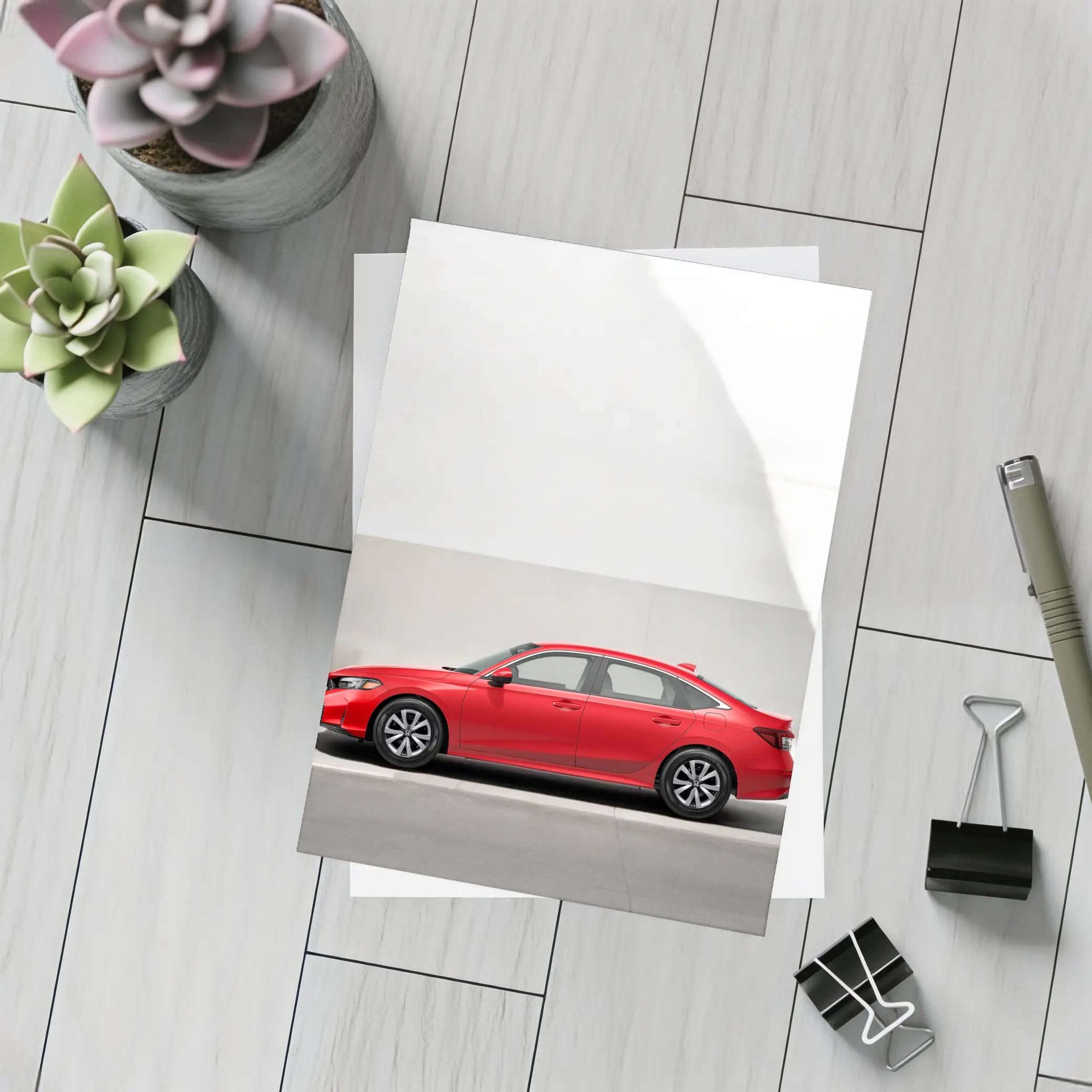 Red Honda Civic Parked Against Gray Wall – Postcards