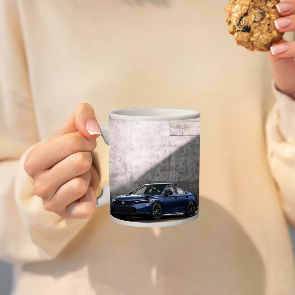 Honda Civic Blue Parked Against Grey Wall – Mugs