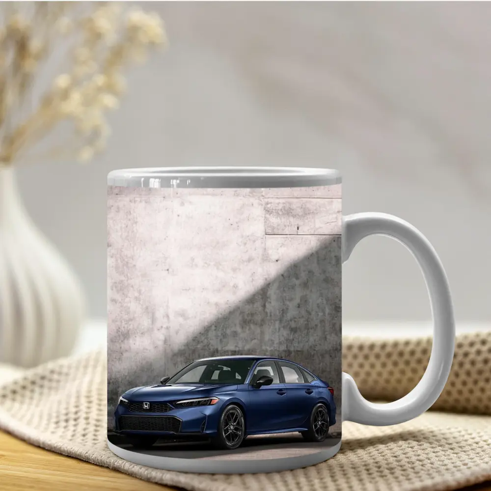 Honda Civic Blue Parked Against Grey Wall – Mugs