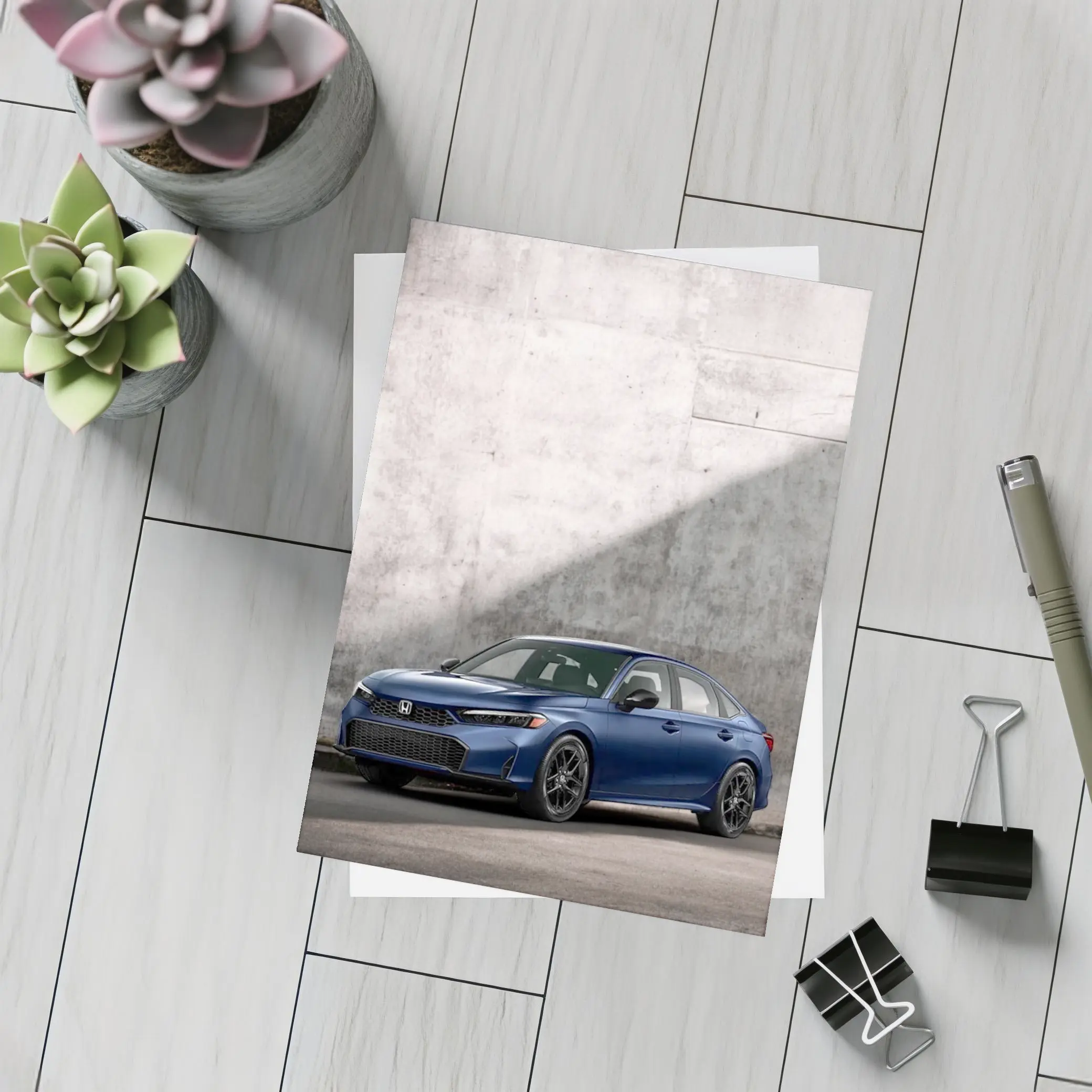 Honda Civic Blue Parked Against Grey Wall – Postcards